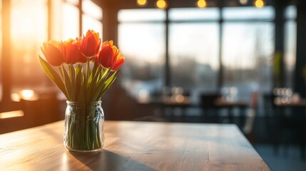 A vibrant bouquet of orange tulips rests in a glass jar on a wooden table. Sunlight streams through large windows, illuminating the cozy atmosphere of the holiday gathering.