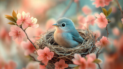 Spring wallpaper of a bird's nest nestled among blooming cherry blossoms