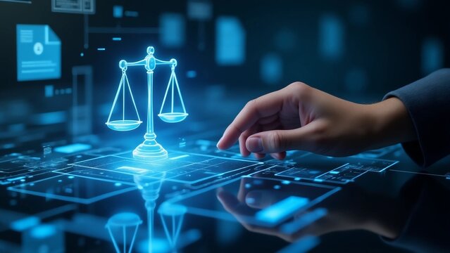 Law and legal documents management system. Compliance and DMS. Businessman touching balance and scale icon on many files.