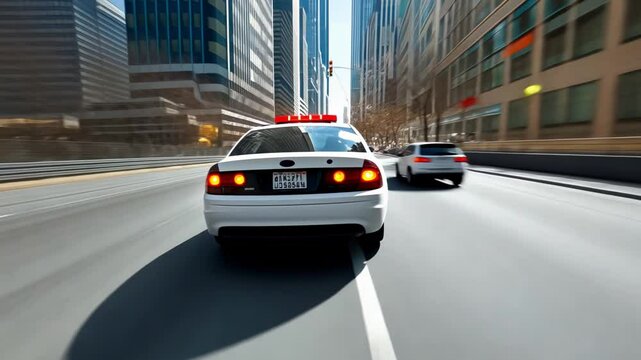 Police car pursuit in a fast-paced urban environment.