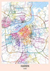 Harbin China City Map, district banner, business modern landmark, neighborhood paint travel, hometown downtown design, destination landmark