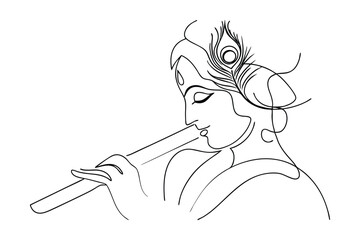 Krishna, Flute Player, Hindu Deity, Line Art, Peacock Feather, Spiritual, Indian, Mythology,