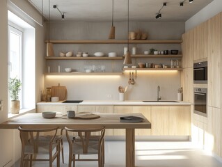 Modern kitchen with natural light and wooden cabinets
