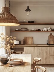 Modern kitchen design with a natural warm and welcoming aesthetic