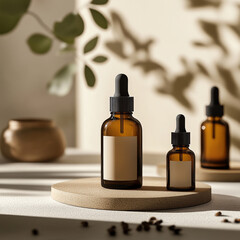 Sleek mockup of dropper bottles on wooden platform in soft light