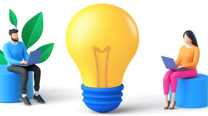 Two individuals sit on colorful platforms using laptops, flanking a large, illuminated lightbulb symbolizing innovation and collaboration. The scene