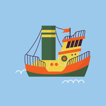 Illustration of various colorful ships and boats on a blue background collection. Various boats and ships, ocean transport set. Nautical and maritime theme. Flat vector design isolated