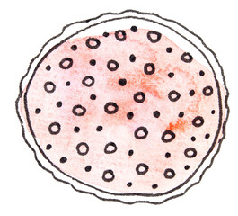 Watercolor cookie illustration with black dots and pink texture in artistic