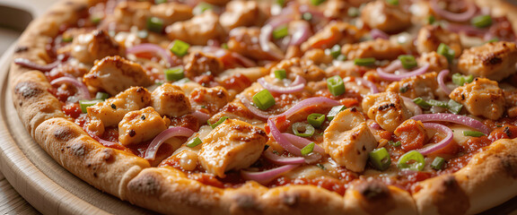 Barbecue chicken pizza with crispy crust, red onion, green bell pepper, and tomato sauce on a wooden plate