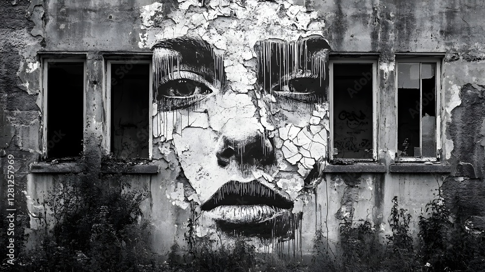 Aufkleber Crumbling facade of an abandoned dilapidated building revealing the aged weathered textures and decay of the concrete and brick structure