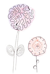 Abstract watercolor art of plants with brain-shaped flower heads in pastel color