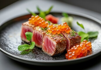 Gourmet Tuna Steak with Salmon Roe and Fresh Herbs on Elegant Plate in Fine Dining Setting