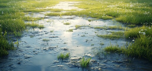Fototapeta premium Sunlit flooded meadow with lush green grass and wildflowers.