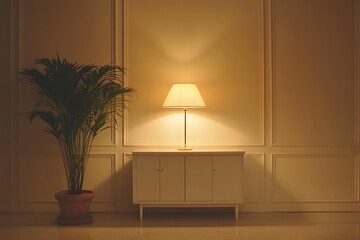 Warm and Inviting Interior with Table Lamp and Plant