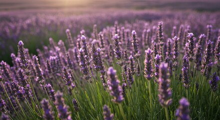 Obraz premium field of lavender. closeup of lavender flower field. Lavender flowers in a detailed close-up shot. Vibrant purple lavender field. flower field during spring, summer time