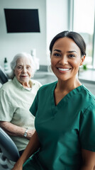 Obraz premium Doctor nurse dental care, African American Black woman, green scrubs elderly woman patient treatment room modern healthcare provider business