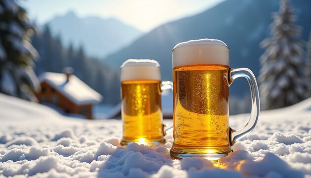 Two frothy beer mugs in snow with alpine chalet and mountain view