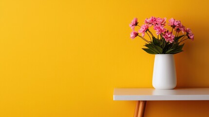 Fototapeta premium Vibrant Pink Flowers in White Vase Against Bright Yellow Background
