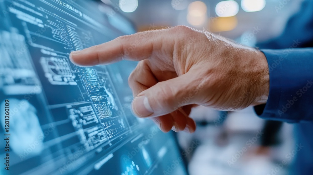 Poster close up view of a hand interacting with a digital interface displaying complex data. the screen glo