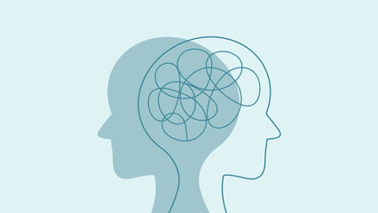 Two human heads facing opposite directions with tangled lines inside one, symbolizing mental confusion or duality