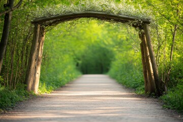 Obraz premium peaceful scene of tree-lined path with budding branches forming natural archway