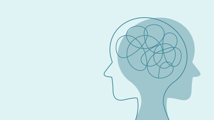 Two overlapping human head silhouettes facing opposite directions with a tangled scribble inside the brain area, representing duality and mental health.
