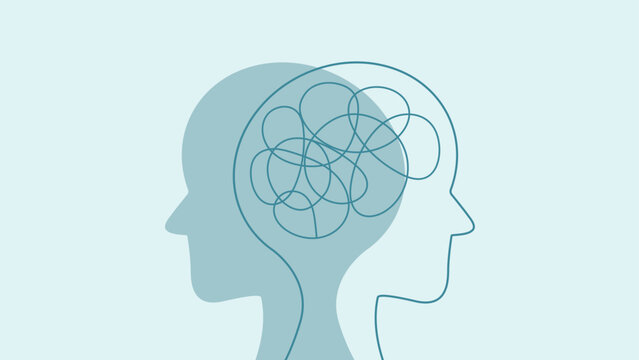 Two human heads facing opposite directions with tangled lines inside one, symbolizing mental confusion or duality