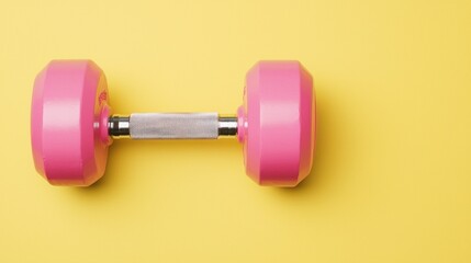 Obraz premium Bright Pink Dumbbell Isolated on Yellow Background for Fitness Use