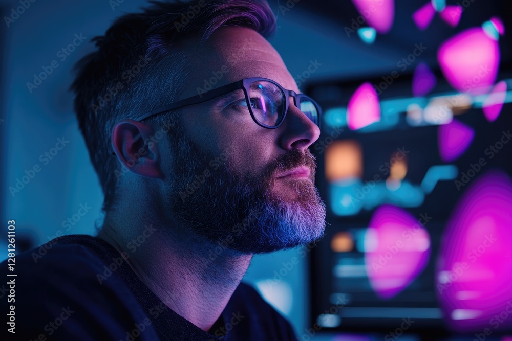 Poster portrait of motion graphics editor designing animated titles stylized visual elements floating on sc