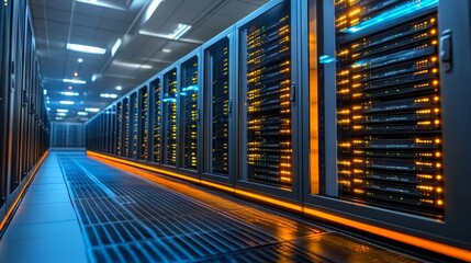 futuristic data center with glowing server racks and advanced cloud computing infrastructure
