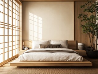 A modern bedroom featuring a minimalist design with wooden furniture