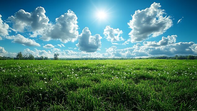 Lush Meadow Under a Sunny Sky with Fluffy Clouds