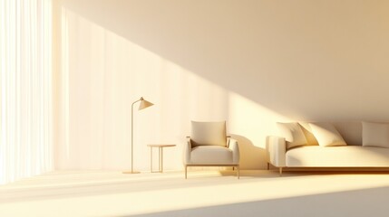 serene minimalistic living room with neutral tones elegant furniture and ambient lighting