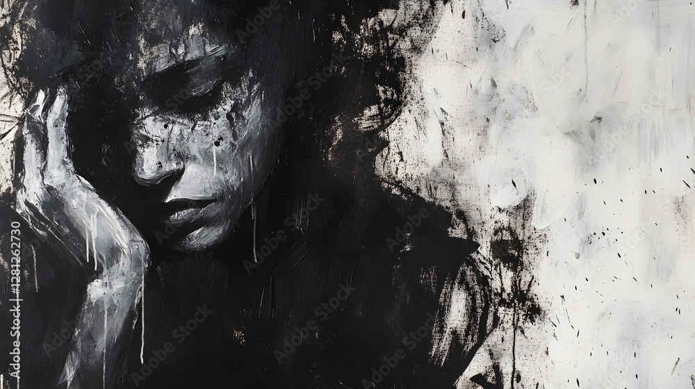 Leinwandbilder Dark Moody Portrait with Expressive Face and Brushstrokes in Atmospheric Monochrome Setting