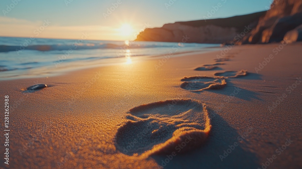Poster a closeup view of footprints etched in soft sand as the sun sets on the horizon, casting golden hues
