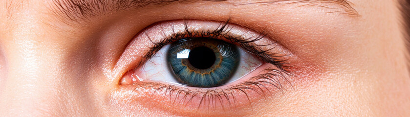 Fototapeta premium A close-up of a human eye showcasing vibrant blue iris details, long eyelashes, and a subtle skin texture around the eyelid.