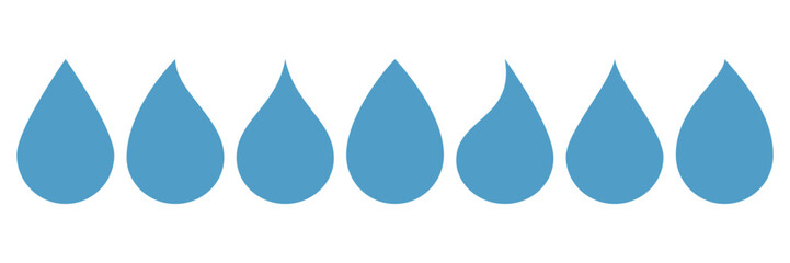 Set of water droplet icon. Drop Blue silhouette. Rain drops various shapes isolated on white. Element for logo, sticker, cosmetic package, forecast graphic Design