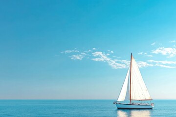 Fototapeta premium solitary sailboat drifts gently on calm vast azure sea beneath cerulean sky with scattered clouds