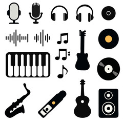Black and white icons on the theme of music