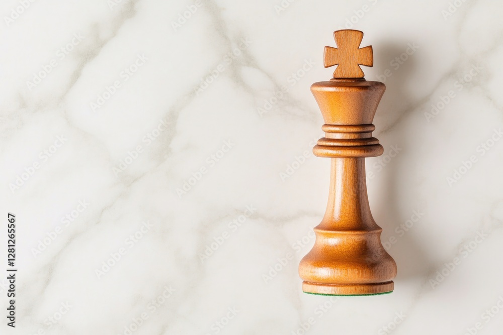 Poster top-down view of chessboard with only king piece standing in center square surrounded by empty space