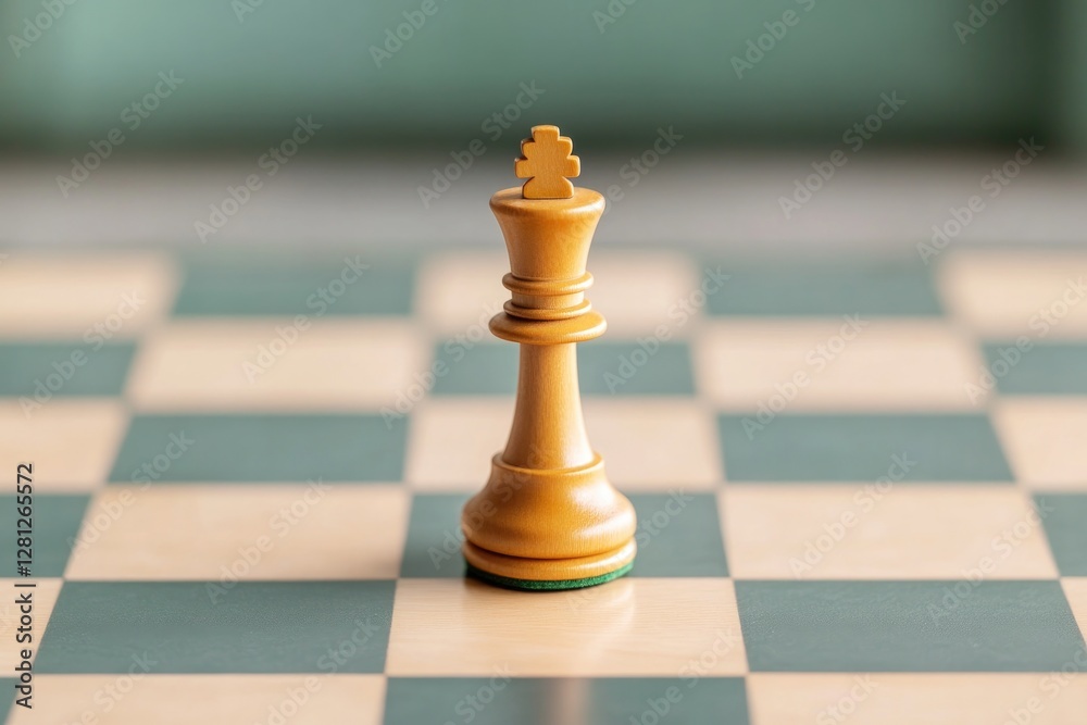 Poster top-down view of chessboard with only king piece standing in center square surrounded by empty space