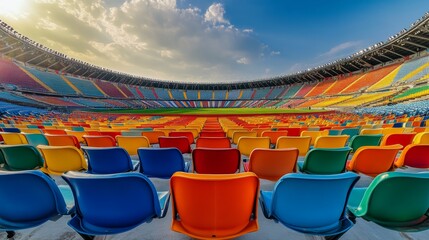 A vibrant stadium interior featuring colorful seating, with a panoramic view of the stands under a bright sky.