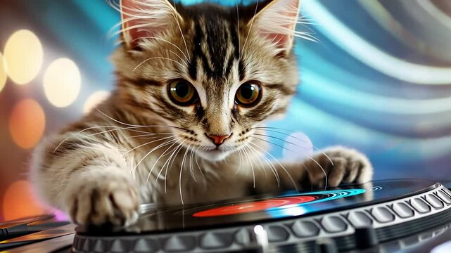 Adorable kitten dj spinning tracks with vibrant lights in background.