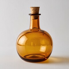 Vintage Amber Glass Bottle with Cork Stopper on White Background. Brown apothecary glass bottle with cork stopper. Antique glass bottle