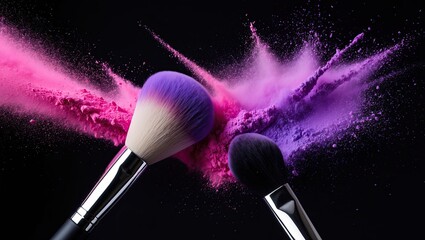 Close-up of two makeup brushes surrounded by vibrant pink and purple powder explosion on a black background