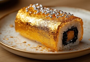 Luxurious Gold Sushi Roll Served on Elegant Plate with Decorative Finishing Touches, Gourmet Culinary Creation for Fine Dining Experience