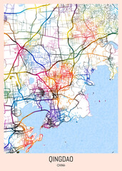 Qingdao China City Map, district banner, business modern landmark, neighborhood paint travel, hometown downtown design, destination landmark