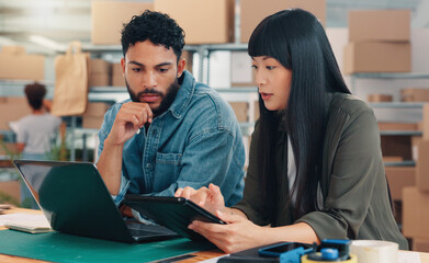 Team, tablet and business people planning logistics, delivery schedule or cargo management. Laptop, startup and discussion for shipping, ecommerce or supply chain distribution with stock procurement