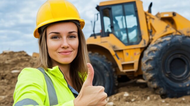 Confident female construction worker gives thumbs up, standing in front of a yellow earth moving machine on a construction site. She wears a yellow