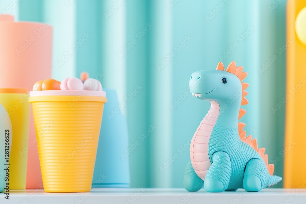 Poster vibrant image of colorful toys neatly arranged on display table with soft lighting and clean backgro